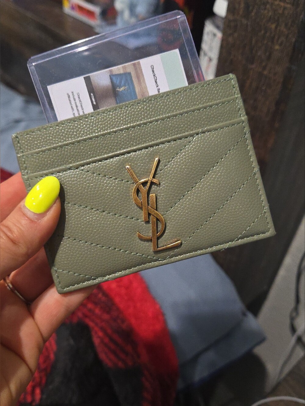 Saint Laurent Olive Green Quilted Card Holder with Gold YSL Logo